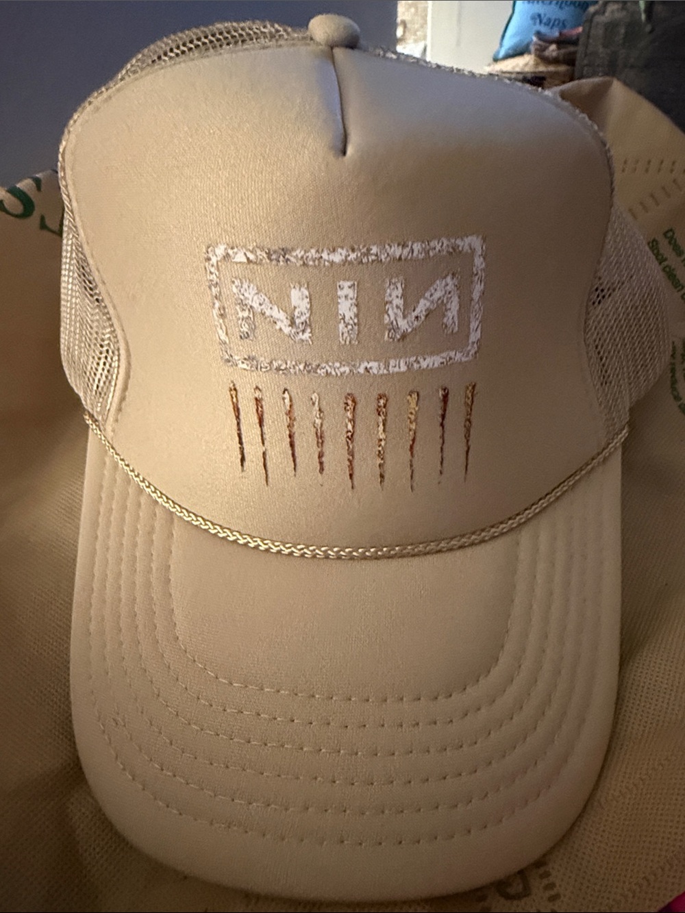 OTTO Beige Trucker Hat with Distressed NIN Logo